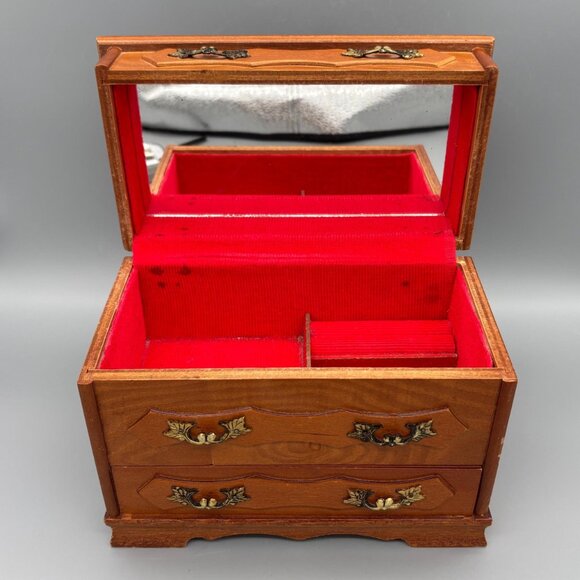 Vintage Wooden Jewelry Box with Red Velvet Lining and Mirror - Picture 6 of 15